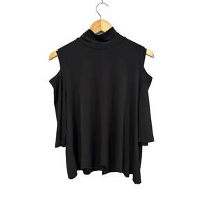 Clara Sun Woo Black Cold Shoulder Flowy Cowl Neck Wrinkle Resistent Top Med